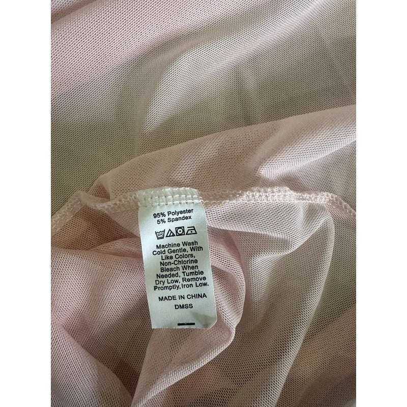 Pastel Pink Pleated Mesh Babydoll Nightdress with Contrasting Black Ribbon Ties