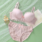 Soft Ribbed Wire-Free Push-Up Bra and Panty Set with Ruffled Trim