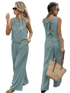 Sleeveless Linen Blend Top and Wide Leg Pants Summer Co-Ord Set