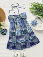 Patchwork Print Halter Mini Dress with Ruffle Trim Bohemian Silhouette