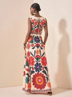 Vibrant Botanical Print Sleeveless Maxi Dress with Elegant Round Neckline