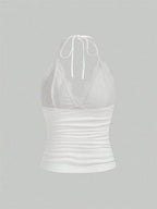 Lace Trim Halter Crop Top with Ruched Front Backless Streetwear Style