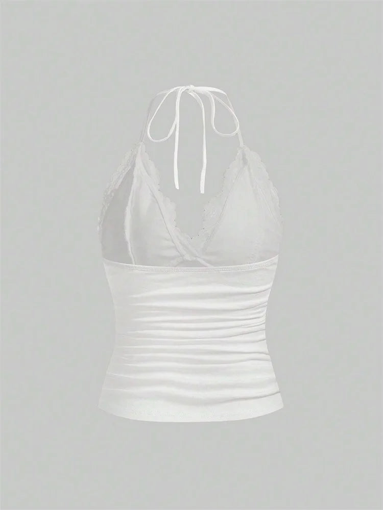 Lace Trim Halter Crop Top with Ruched Front Backless Streetwear Style