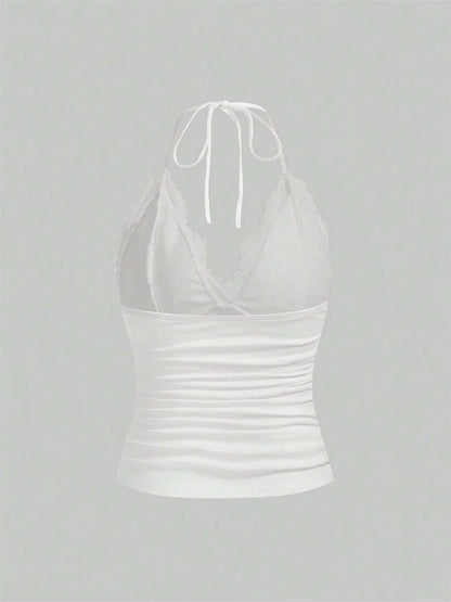 Lace Trim Halter Crop Top with Ruched Front Backless Streetwear Style