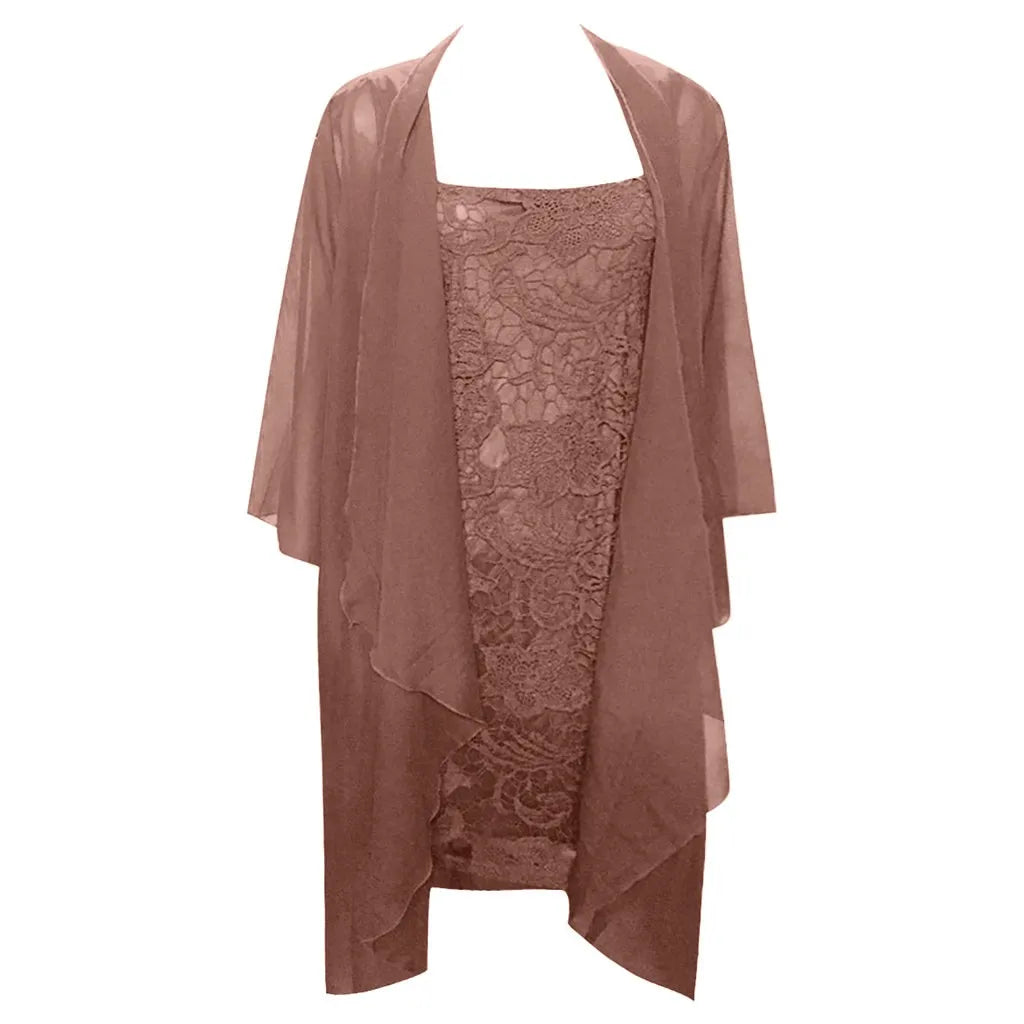 Elegant Two-Piece Lace Midi Dress and Flowing Sheer Duster Jacket Set