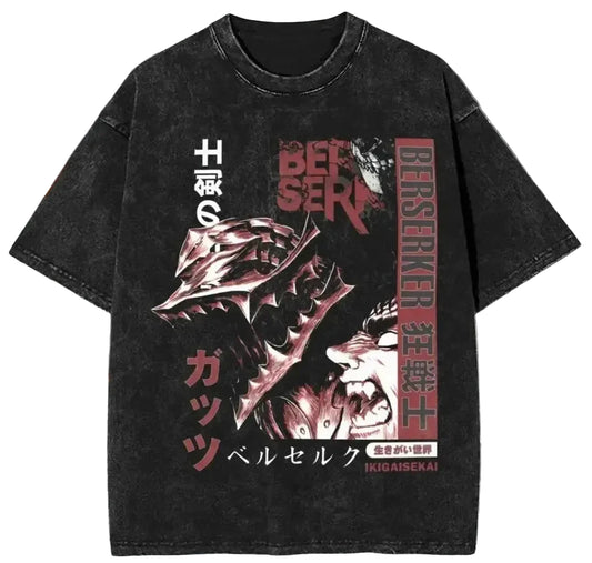 Vintage Anime Goth Graphic T-Shirt with Distressed Horror Manga Design