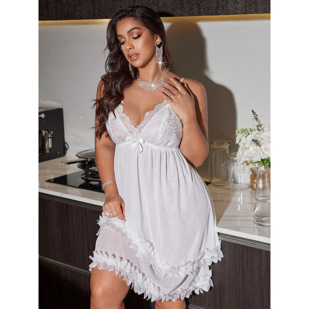 Romantic Deep Red Babydoll Chemise with Floral Lace Bodice and Ruffled Mesh Skirt