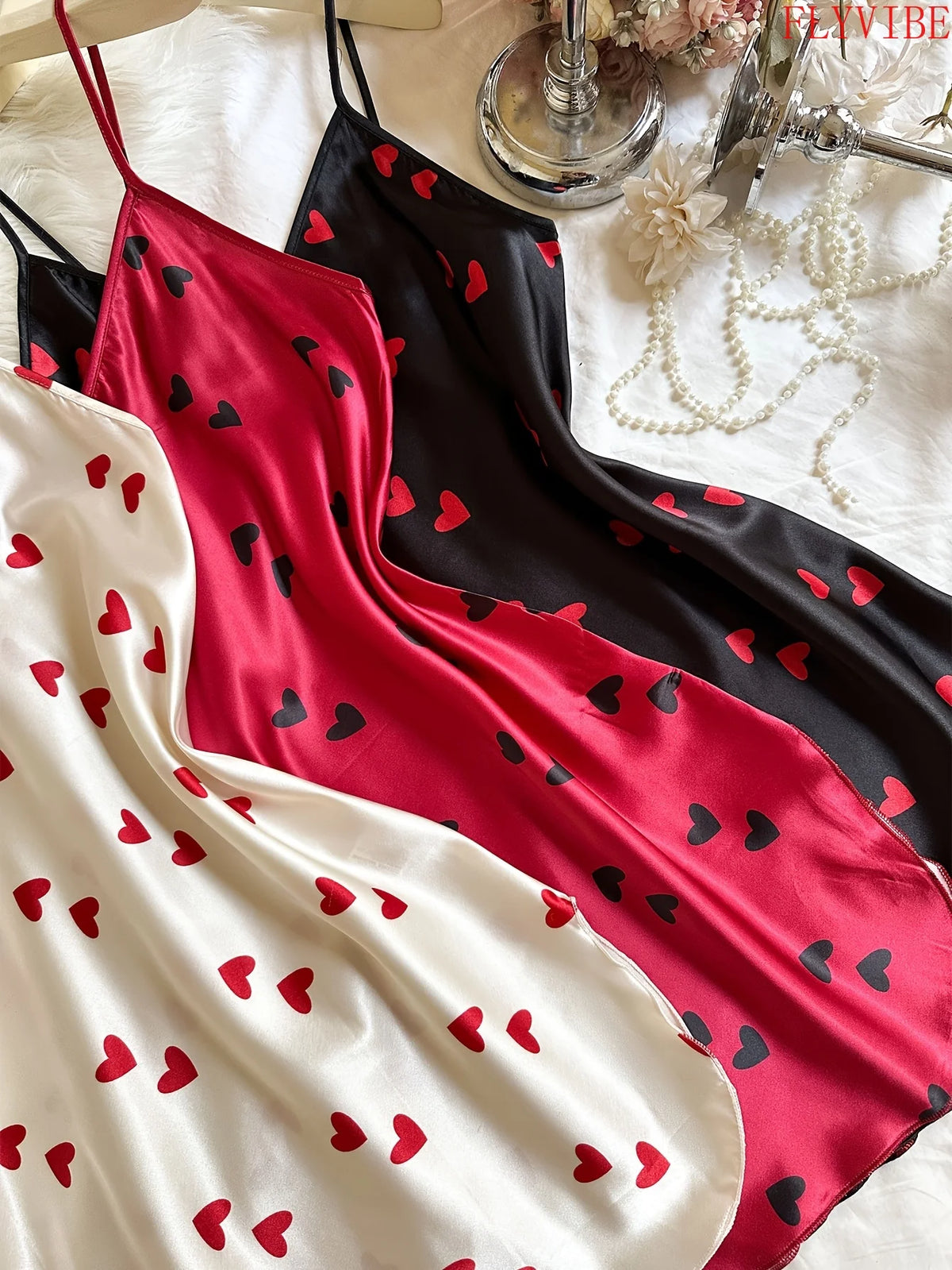 Three-Piece Heart Print Camisole Sleepwear Set with Matching Robe and Coordinated Shorts, Feminine Sleeveless Loungewear Ensemble