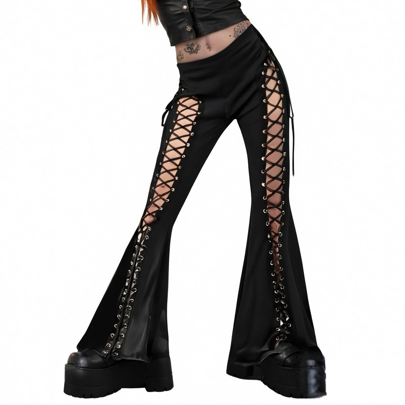 Lace Hem Flared Pants Gothic Inspired Alternative Fashion Statement Bottoms