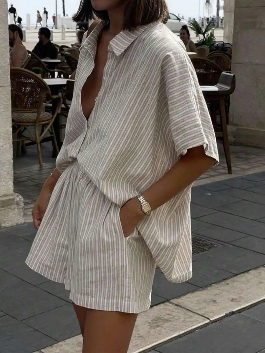 Striped Button Front Shirt and Shorts Summer Co-Ord Set for Women