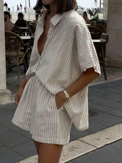 Striped Button Front Shirt and Shorts Summer Co-Ord Set for Women