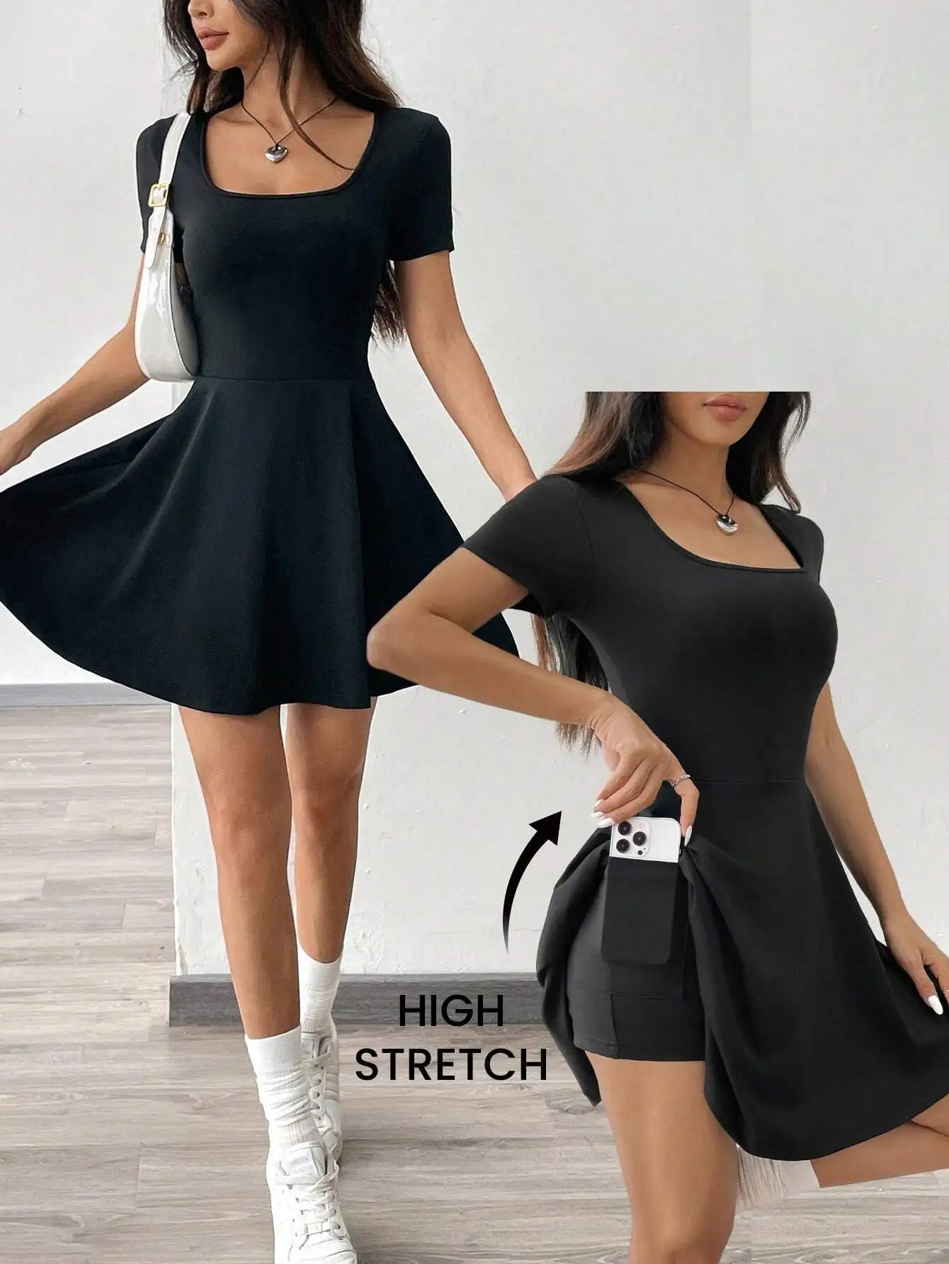 Square Neck Short Sleeve A-Line Mini Dress with Flared Skater Silhouette