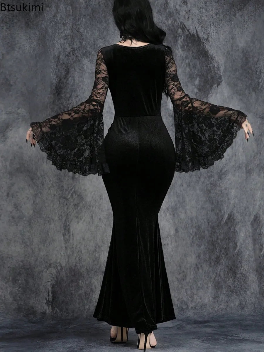 Velvet Gothic Mermaid Dress with Lace Sleeves and Dark Elegance