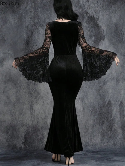 Velvet Gothic Mermaid Dress with Lace Sleeves and Dark Elegance