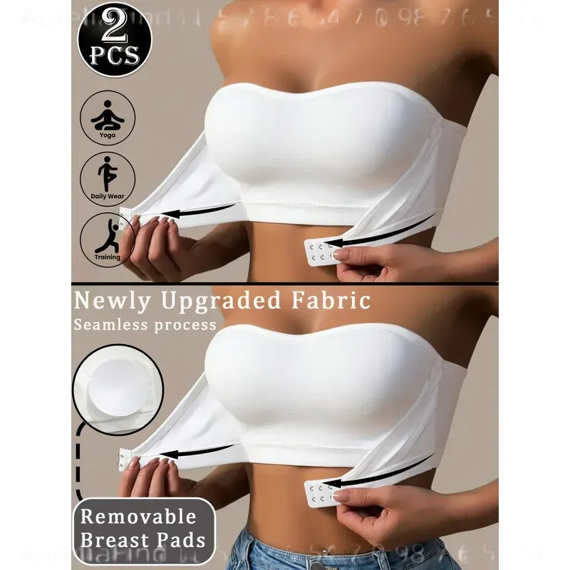 2-Piece Strapless Bandeau Bra Set with Front Hook Closure, Removable Pads and Ruffled Edge Detail