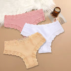 Three-Piece Ribbed Cotton-Blend Bikini Panty Set with Scalloped Lace Trim