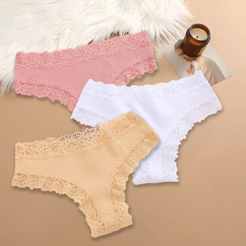 Three-Piece Ribbed Cotton-Blend Bikini Panty Set with Scalloped Lace Trim