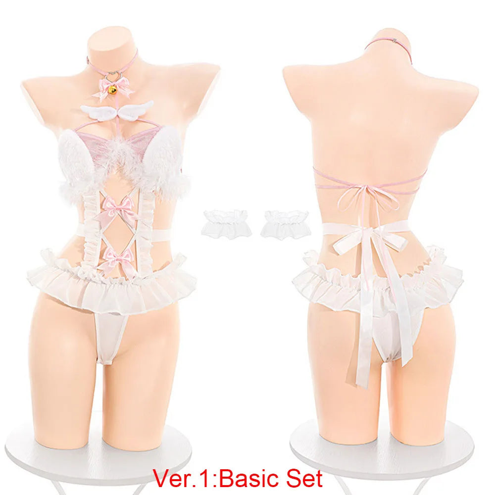 Playful White Keyhole Bodysuit with Fluffy Trim, Pink Bow Accents, and Matching Accessories