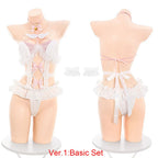Playful White Keyhole Bodysuit with Fluffy Trim, Pink Bow Accents, and Matching Accessories