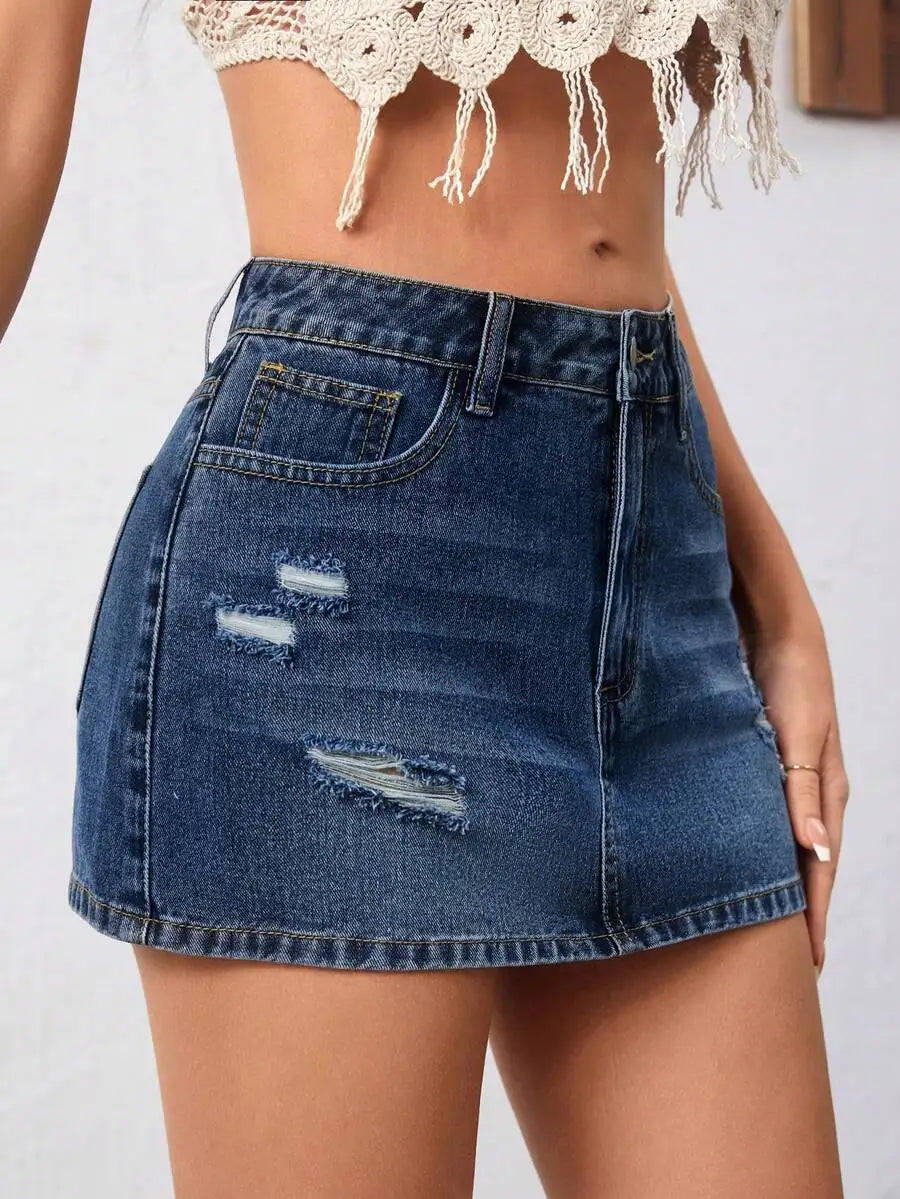 Distressed Low Rise Denim Mini Skirt with Ripped Streetwear Details