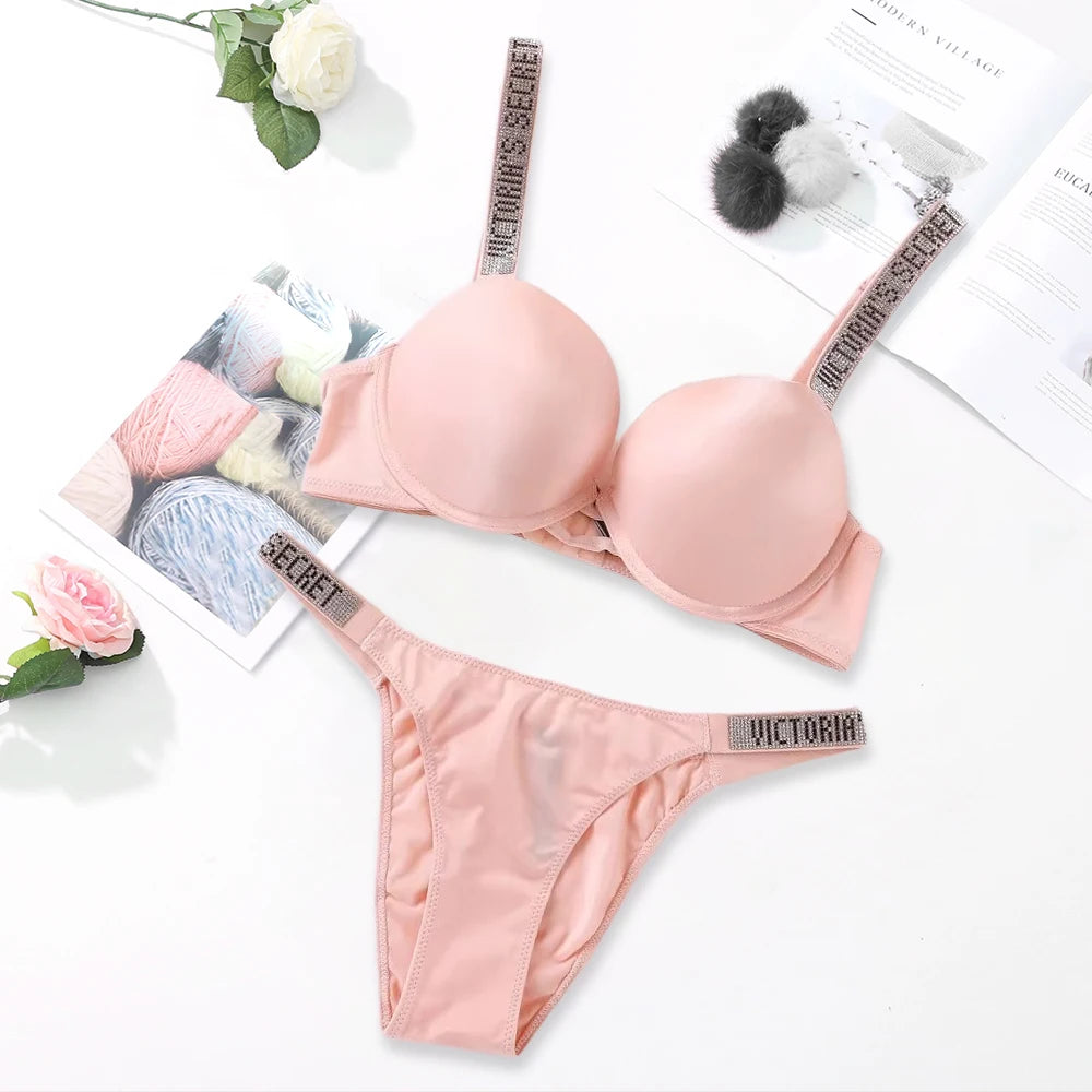 Sleek Minimalist Contour Underwire Bra and Thong Set with Crystal-Embellished Straps