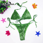 Vibrant Green Floral Underwire Bikini with Ruched Texture