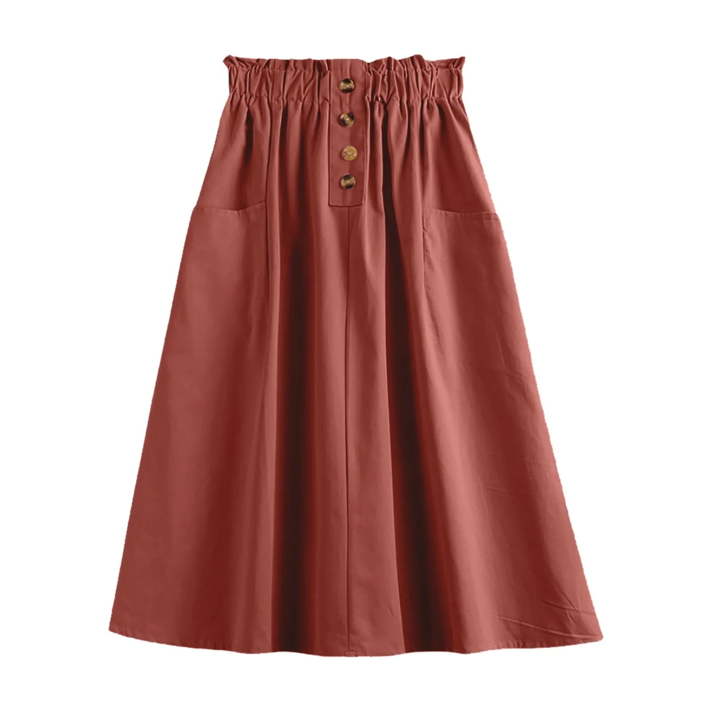 Elastic Waist A-Line Midi Skirt with Functional Side Pockets