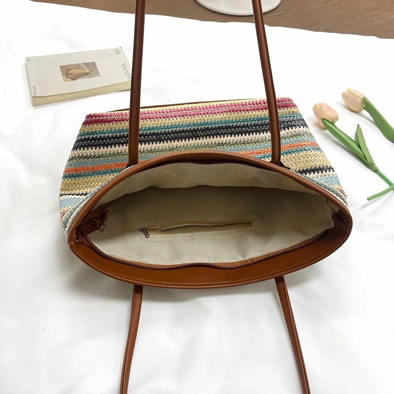 Large Capacity Woven Straw Tote Shoulder Bag for Everyday Travel