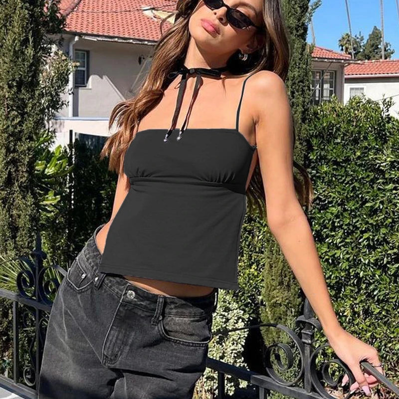 Square Neck Open Back Tank Top with Slim Fit Minimal Streetwear Camisole Design
