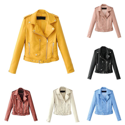 Women's Belted Faux Leather Moto Jacket with Asymmetrical Zip Streetwear Outerwear Style