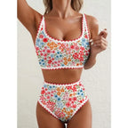 Women's Floral Print High-Waisted Bikini Set with Scoop Neckline, Whip-Stitch Detailing and Coordinated Two-Piece Swimwear