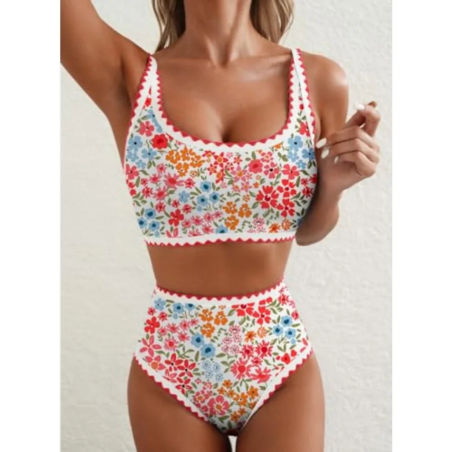 Women's Floral Print High-Waisted Bikini Set with Scoop Neckline, Whip-Stitch Detailing and Coordinated Two-Piece Swimwear