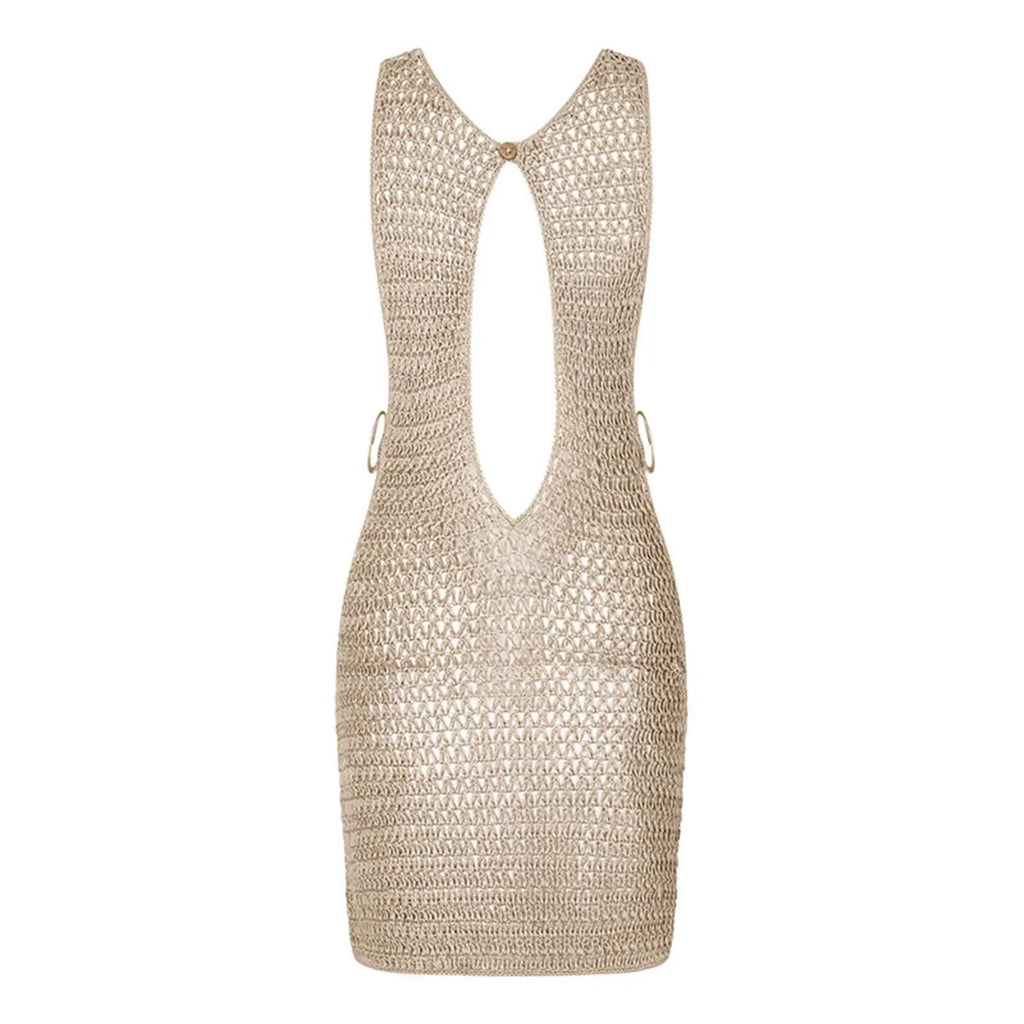 Crochet Knit Sleeveless Mini Dress With Open Back Beachwear Inspired Design