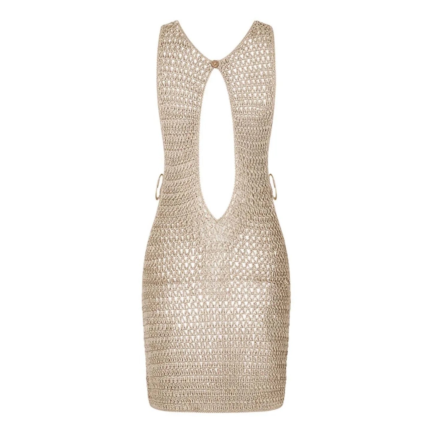 Crochet Knit Sleeveless Mini Dress With Open Back Beachwear Inspired Design
