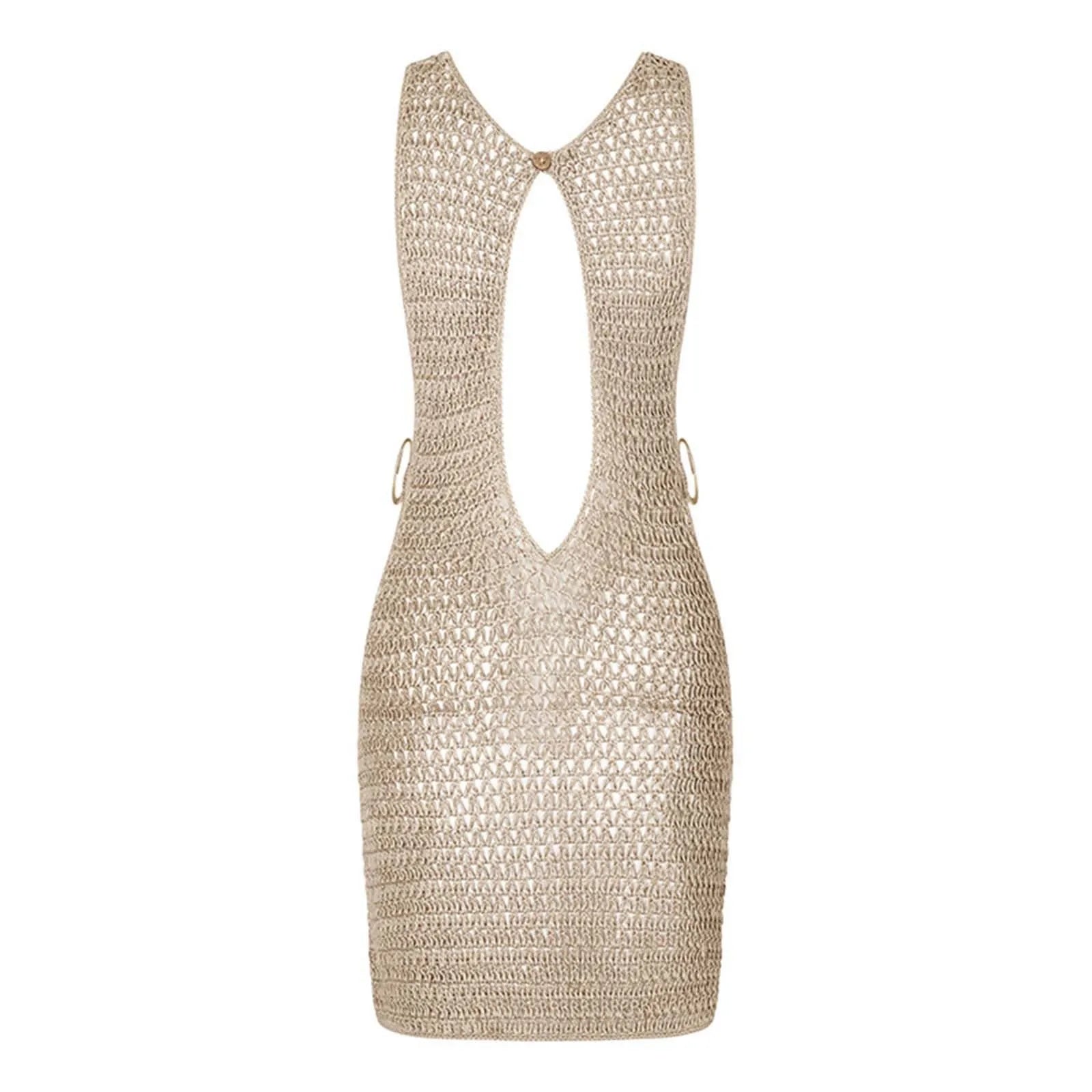 Crochet Knit Sleeveless Mini Dress With Open Back Beachwear Inspired Design