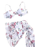 White Floral Print Underwire Bikini Set with Matching Ruffled Sarong Skirt