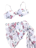White Floral Print Underwire Bikini Set with Matching Ruffled Sarong Skirt