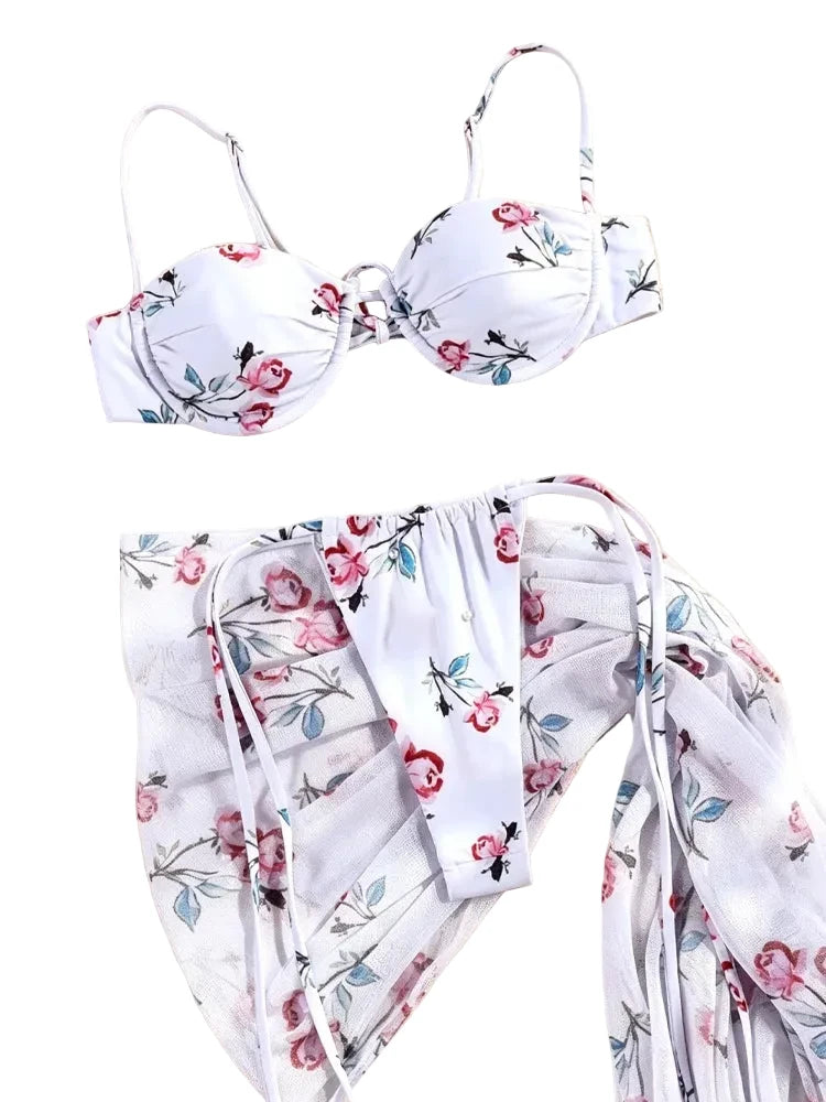 White Floral Print Underwire Bikini Set with Matching Ruffled Sarong Skirt