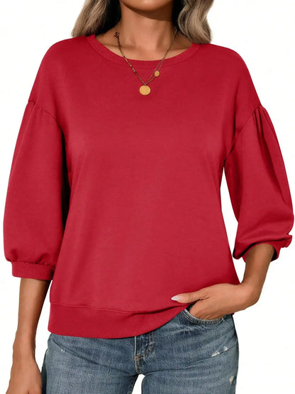 Women's Puff Sleeve Crew Neck Sweatshirt with Relaxed Fit for Contemporary Casual Fashion  Description: