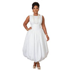 Elegant White Sleeveless Midi Dress with Voluminous Bubble Hem