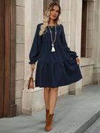 Tiered Long Sleeve A-Line Mini Dress with Relaxed Flowing Silhouette