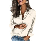 Classic Solid Black Satin-Finish Button-Down Blouse with Straight Silhouette