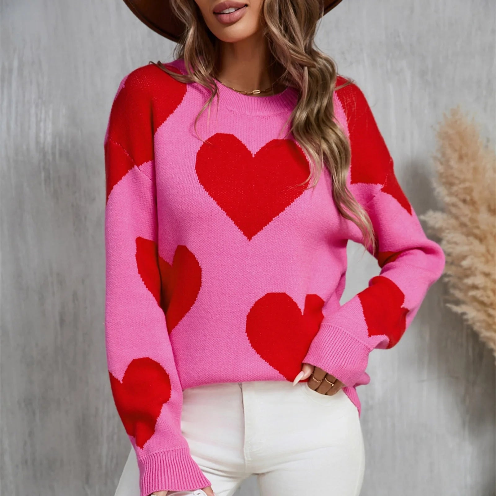 Women's Oversized Heart Pattern Crew Neck Casual Knit Sweater