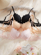 Romantic Floral Lace Push-Up Bra Set with Scalloped Edges and Rhinestone Accents