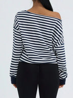 Off-Shoulder Relaxed Fit Knit Pullover Sweater with Long Sleeves and Side Pocket