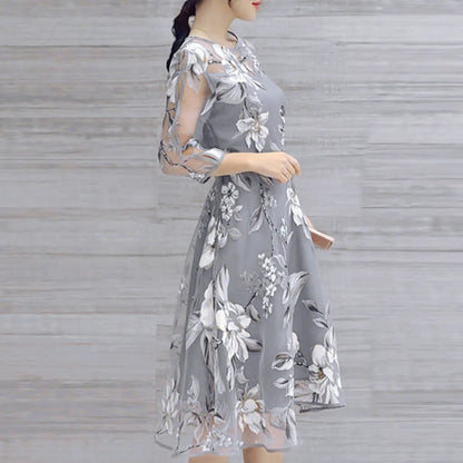 Elegant Floral Embroidered Mesh Overlay Alternative Occasion Midi Dress