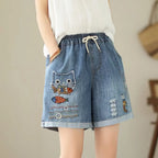 Women's Relaxed Denim Shorts with Drawstring Waist Embroidered Details and Casual Wide Leg Fit