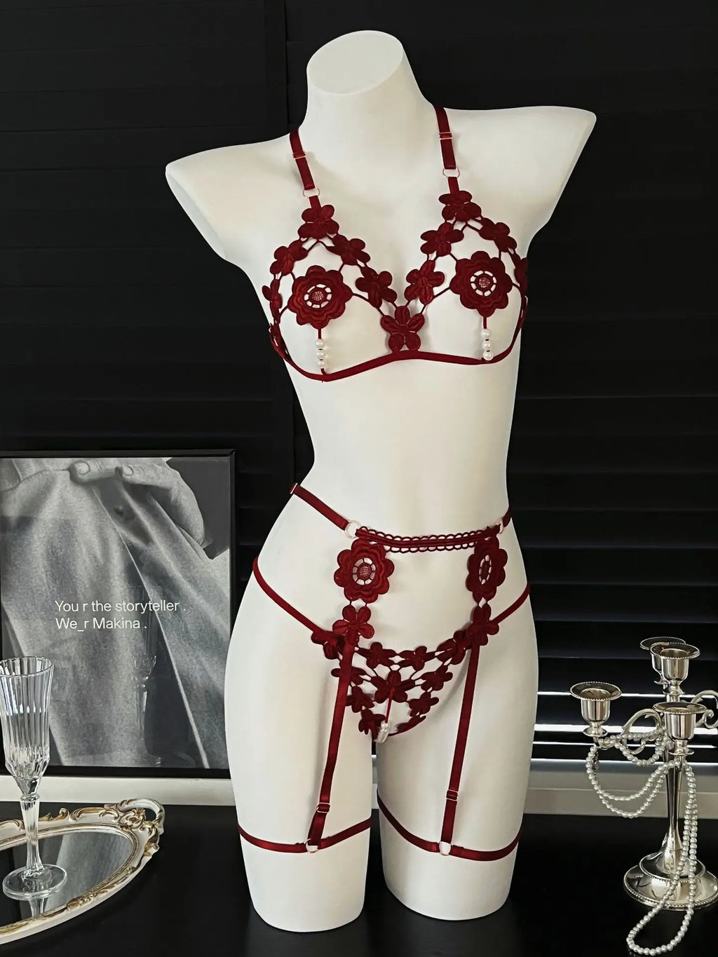 Bold Black Strappy Open-Cup Lingerie Set with Floral Appliqués and Leg Harnesses
