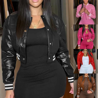 Women's Faux Leather Varsity Jacket Cropped Relaxed Streetwear Button Front Outerwear