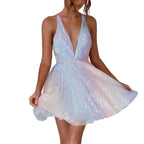Iridescent Pastel Sequin Deep V-Neck Flared Mini Dress